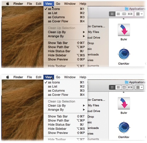 When you turn on “Reduce transparency,” those semi-transparent menu bars, window edges, and panes (top) become opaque (bottom). The translucence is a trademark feature of Yosemite, but it doesn’t actually help you use the Mac; plenty of people find opaque menus and windows less visually confusing.