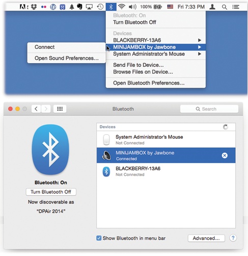 Top: Use this menulet to connect to and disconnect from Bluetooth gadgets.Bottom: The Bluetooth pane scans the area for Bluetooth gadgets and, after a moment, lists them. Click Pair when you see the one you want.