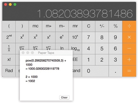 The Calculator program offers a four-function Basic mode, a full-blown scientific calculator mode, and a programmer’s calculator (shown here, and capable of hex, octal, decimal, and binary notation). The first two modes offer a “paper tape” feature (Windows→Paper Tape) that lets you correct errors made way back in a calculation. To edit one of the numbers on the paper tape, drag through it, retype, and then click Recalculate Totals. You can also save the tape as a text file by choosing File→Save Tape As, or print it by selecting File→Print Tape.