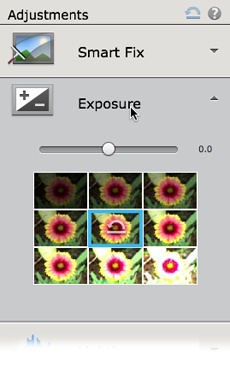 Each section name here is actually a big button. When you click one (such as Exposure, as shown here), that section expands so that you can use the commands it contains. Click another section and the previously open one closes.