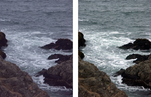 A quick click of the Auto Levels button can make a dramatic difference.Left: This original photo isn’t bad, and you may not realize that the colors could be better.Right: Here you can see how much more effective the photo is once Auto Levels has balanced the colors.To try this yourself, download ocean.jpg from this book’s Missing CD page at www.missingmanuals.com/cds.