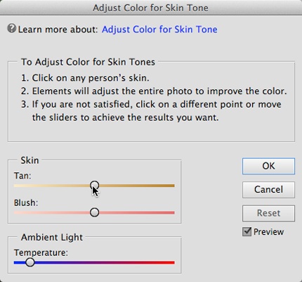 While this dialog box is open, your cursor turns into a little eyedropper when you move it over your photo. Just click the best-looking area of skin you can find. Clicking different spots gives different results, so you may want to experiment by clicking various places.You can’t drag the dialog box’s sliders until after you click. Once Elements adjusts the photo based on your click, use the sliders to fine-tune the results.