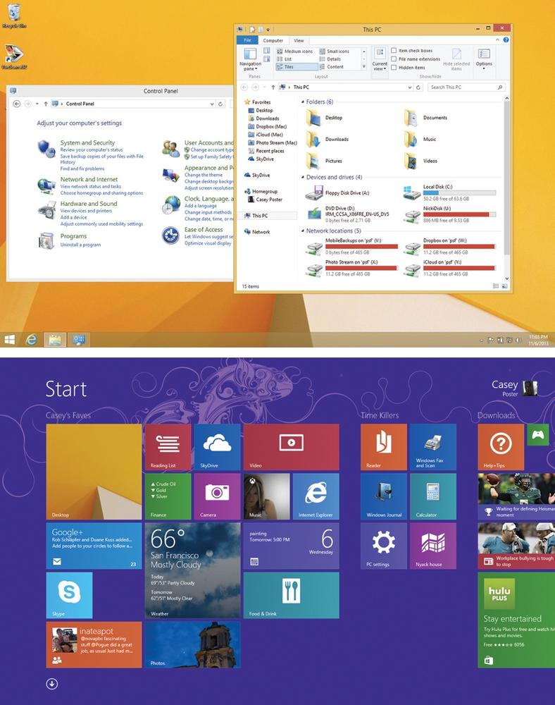 Windows 8 and 8.1 offered two radically different environments, mashed together onto the same computer: the standard desktop (top) and TileWorld (bottom).