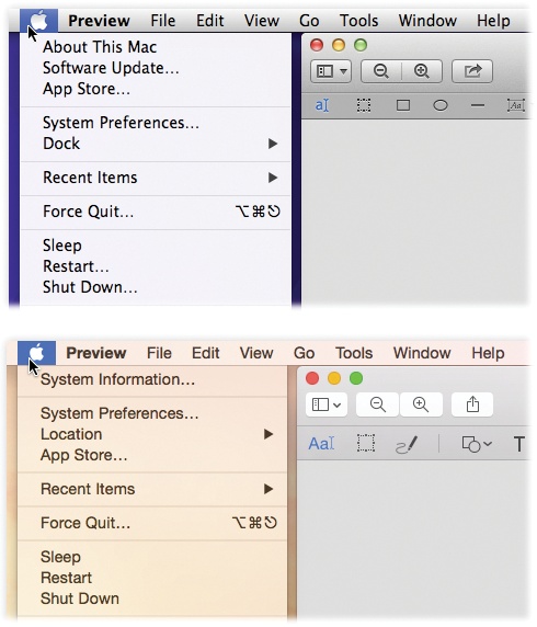 Top: OS X the way it looked from 2001 to 2014.Bottom: Yosemite’s new look.The new system font (used in menus and dialog boxes), from the Helvetica Neue family, is very thin and light and elegant, designed to show off Apple’s very high-resolution Retina screens.Toolbars and buttons look flatter, less 3-D.In many programs, the controls on the top toolbars have been compressed and condensed, giving more of your screen space back.There’s a lot of transparency in Yosemite, too. Whatever photo is on your desktop faintly shines through your open menus and certain areas of your windows.