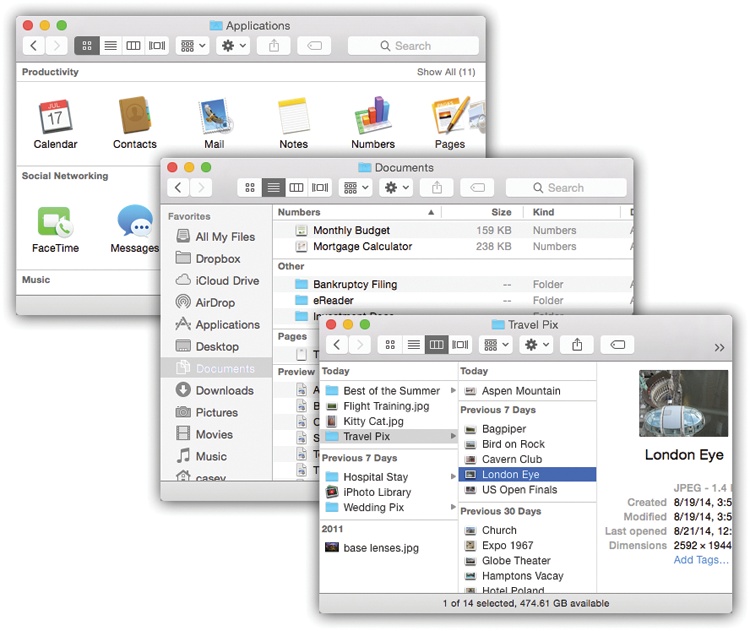 You can view your Finder-window files in neat little groups, separated by headings.Top left: The Applications window, in icon view, arranged by application category.Middle: The Documents folder, in list view, arranged by application (meaning “which program opens this document”).Bottom: The Desktop folder, in column view, arranged by date added.