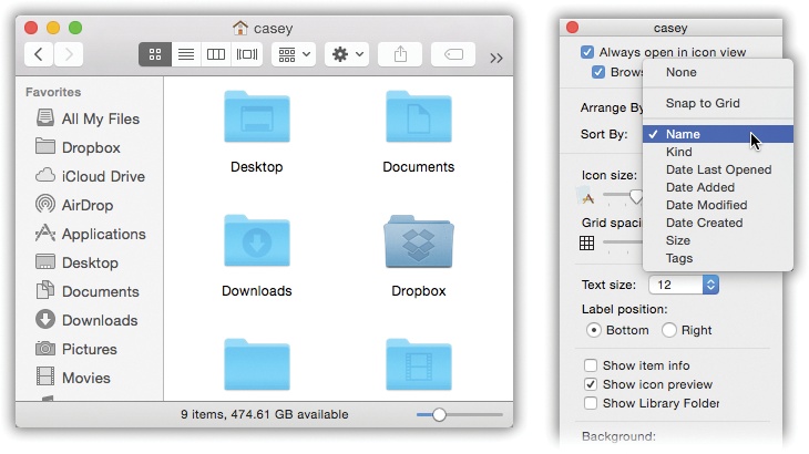 Use either the View menu or the View Options window (right) to turn on permanent cleanliness mode. You’ve told the Mac to keep these icons on the invisible grid, sorted the way you requested. Just don’t get frustrated when you try to drag an icon and then discover that it won’t budge.