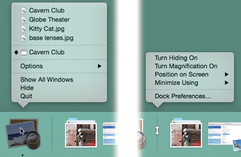 Left: Right-click or two-finger click a Dock icon to open the secret menu. In certain recent programs, the top half of the menu lists recently opened documents, followed by currently open ones.Right: Right-click or two-finger click the divider bar to open a different hidden menu. This one lists a bunch of useful Dock commands, including the ones listed in the →Dock submenu.