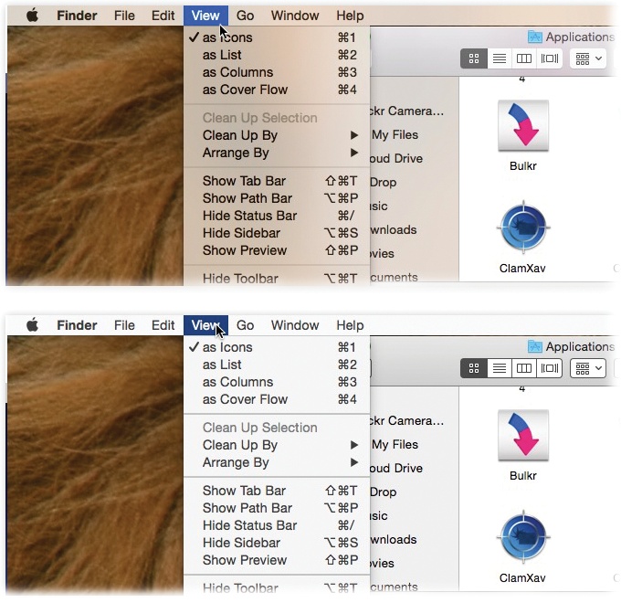 When you turn on “Reduce transparency,” those semi-transparent menu bars, window edges, and panels (top) become opaque (bottom). The translucence is a trademark feature of Yosemite, but it doesn’t actually help you use the Mac; plenty of people find opaque menus and windows less visually confusing.
