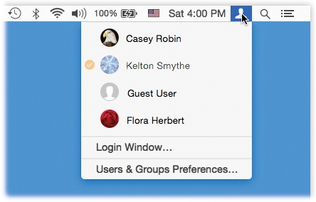 In the Fast User Switching menu, the indicates people who are logged in. The dimmed name shows who’s logged in right now.