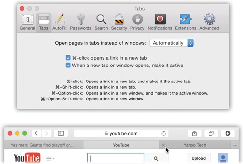 Top: Set up tabbed browsing in Preferences→Tabs. (For best results, turn on “When a new tab or window opens, make it active.”)Bottom: Now, when you ⌘-click a link, or type an address and press ⌘-Return, you open a new tab, not a new window as you ordinarily would. You can now pop from one open page to another by clicking the tabs just under your Bookmarks bar, or close one by clicking its button (or pressing ⌘-W).