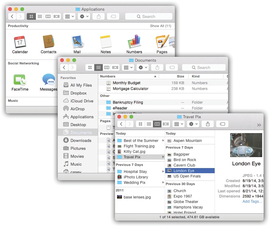 You can view your Finder-window files in neat little groups, separated by headings.Top left: The Applications window, in icon view, arranged by application category.Middle: The Documents folder, in list view, arranged by application (meaning “which program opens this document”).Bottom: A pictures folder, in column view, arranged by date added.