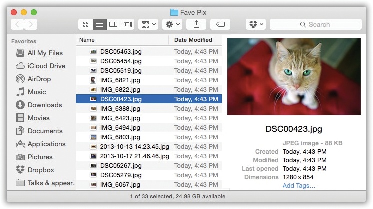 You can make this preview pane appear in any Finder window, no matter what view it’s in. It shows both the contents of the selected file and some handy details about it, like its dimensions, size, and creation date.