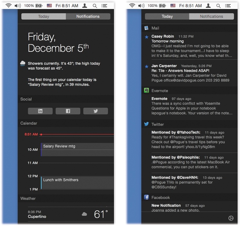Right: Here’s the Notification Center, where all those incoming messages pile up, for your inspection pleasure.Left: The Today view shows everything you’ve got coming up—as well as the information widgets you’ve installed here (page 340).