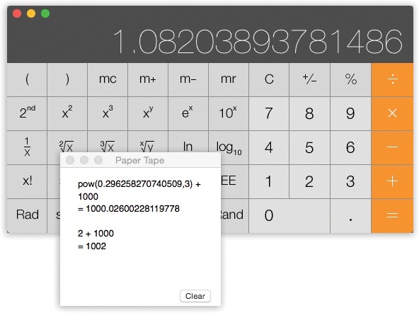The Calculator program offers a four-function Basic mode, a full-blown scientific calculator mode, and a programmer’s calculator (shown here, and capable of hex, octal, decimal, and binary notation). The first two modes have a “paper tape” feature (Windows→Paper Tape) that lets you correct errors made way back in a calculation. To edit one of the numbers on the paper tape, drag through it, retype, and then click Recalculate Totals. You can also save the tape as a text file by choosing File→Save Tape As, or print it by selecting File→Print Tape.