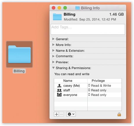 The file-sharing permissions controls are here, in the Get Info box for any file, folder, or disk.