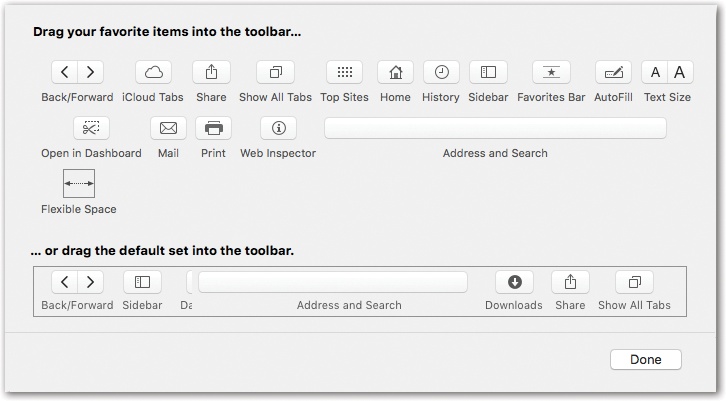 To summon this toolbar-tailoring screen, choose View→Customize Toolbar. Drag the buttons you want directly onto the address bar.There’s no way to summon text labels for these icons once they’re on the toolbar. But all offer tooltip labels that you can read by pointing to the buttons without clicking.