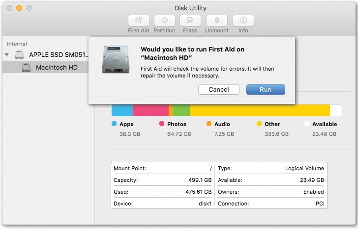 Click your hard drive’s name in the left-side list, click the First Aid button, click Run, and then read an article while the Mac checks out your disk.