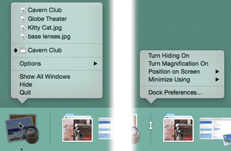 Left: Right-click or two-finger click a Dock icon to open the secret menu. In certain recent programs, the top half of the menu lists recently opened documents, followed by currently open ones.Right: Right-click or two-finger click the divider bar to open a different hidden menu. This one lists a bunch of useful Dock commands.