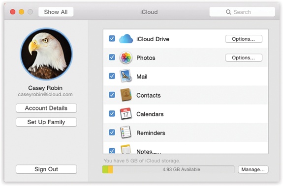 The headquarters of iCloud’s features. You’ll find a nearly identical pane on your iPhone, iPad, or iPod Touch (in Settings→iCloud).