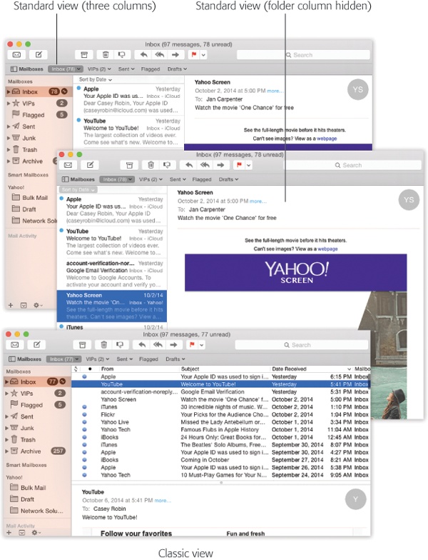 Mail can have several different layouts. In the standard three-column view (top), all your mailboxes are grouped tidily in the far-left column. You can hide that column, though, so that you have more space for reading (middle). You can also return to the older layout (bottom), in which the messages list is above the message body.