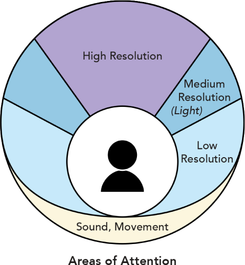 The areas of attention around a person. Primary denotes high-resolution attention—good for desktop computing, mobile technology, and other tasks that demand full attention. Secondary denotes medium resolution attention—good for rearview mirrors and other tasks that can be done by switching from primary to peripheral attention. Tertiary denotes low resolution—best for small indicator lights and sounds. Sound and movement occupies an ambient awareness at the lowest level of attention.