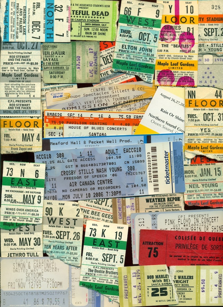 A collage of concert tickets. The face value of the ticket and various terms and conditions are included on some tickets. Featured performers listed include: the Beatles; the Rolling Stones; the Grateful Dead; Neil Young; CSN&Y; Simon & Garfunkel; Bob Marley & the Wailers; the Who; YES; U2; Ten Years After; Pink Floyd; Deep Purple; the Doobie Brothers; Elton John; Rod Stewart and the Faces; Emerson, Lake and Palmer; Jethro Tull; Frank Zappa; Weather Report; Maria Muldaur; Wings; and, the Bee Gees. Event dates range between 1964 and 2006. Venues include University of Toronto's Varsity Stadium, Maple Leaf Gardens, Skydome, Colisee de Quebec, Montreal's Bell Centre, Santa Barbara County Bowl, Arlington Theater, and UCSB Campus Stadium.