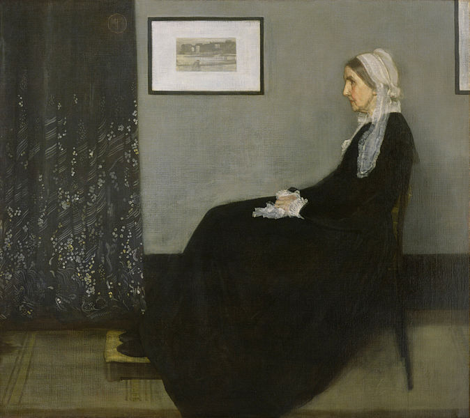 Image of a painting in which an elderly woman wearing a dark dress and a head covering, her hands holding a lacy handkerchief, is seated on a chair in what appears to be a parlor or a living room.
