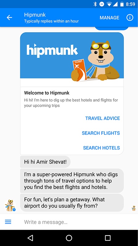 The Hipmunk bot providing a travel booking service to the user via the Facebook Messenger medium