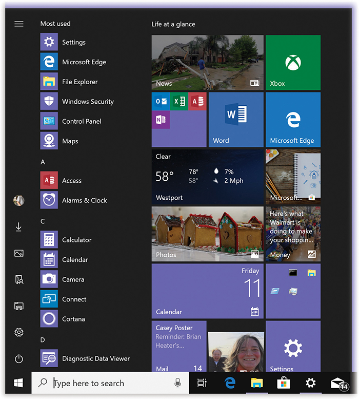 In Windows 10, the right side of the Start menu offers what Microsoft calls live tiles; many of them display useful information without your even having to click, like the weather, news, the latest tweets and email, and your next appointment.