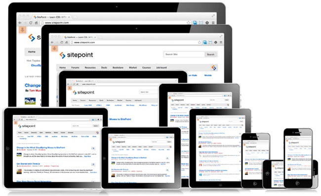 Witryna SitePoint wyświetlona na jednym laptopie, dwóch komputerach stacjonarnych, trzech iPhone’ach i czterech iPadach