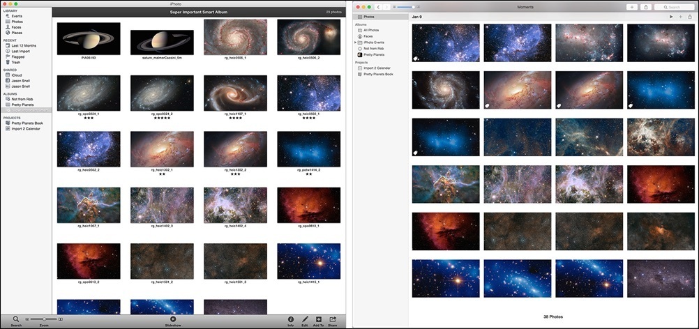 **①** An iPhoto library (left) migrates to Photos (right).