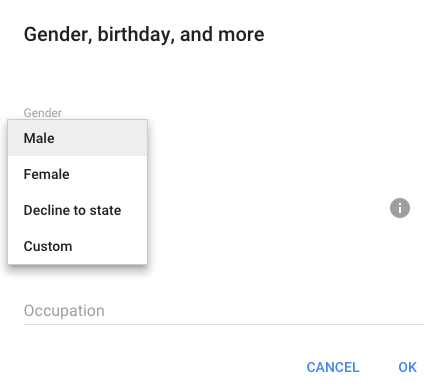Google's gender options: male, female, decline to state, and custom.