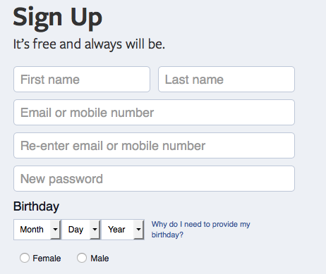 The Facebook sign up form.
