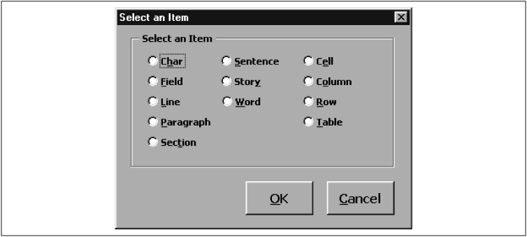 Select an Item dialog box