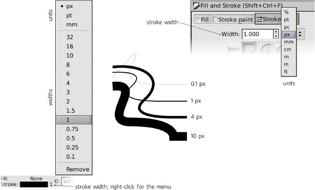 Stroke width in the selected style indicator (left; right-click to open the menu) and the Fill and Stroke dialog (right)