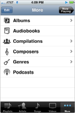 The More screen displays audiobook and podcast categories.