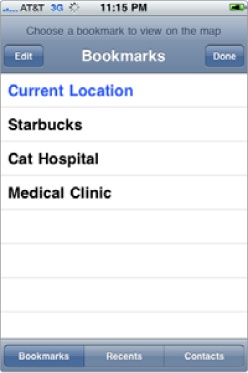 The Bookmarks screen lets you choose a specific location.