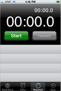 The Stopwatch screen lets you start and stop the stopwatch.