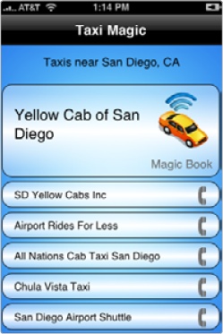 The Taxi Magic app uses your current location to find nearby taxi cab companies.