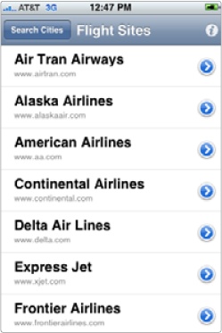 Flight Sites shows you a list of airlines to choose from.