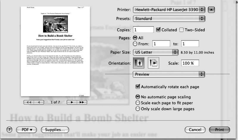 Common parts of a dialog; note that the default button is the Print button, which is highlighted.