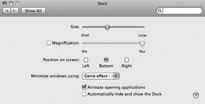 The Dock window lets you customize the Dock.