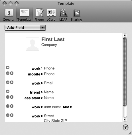 The Template window defines the type of information to store in your Address Book.