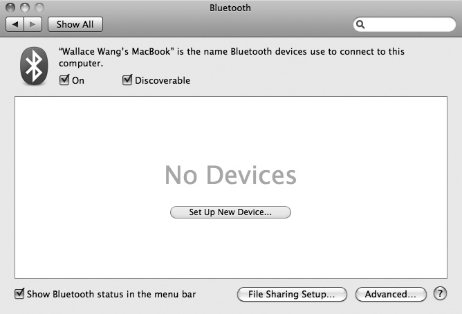The Bluetooth window lets you configure how Bluetooth works on your Macintosh.