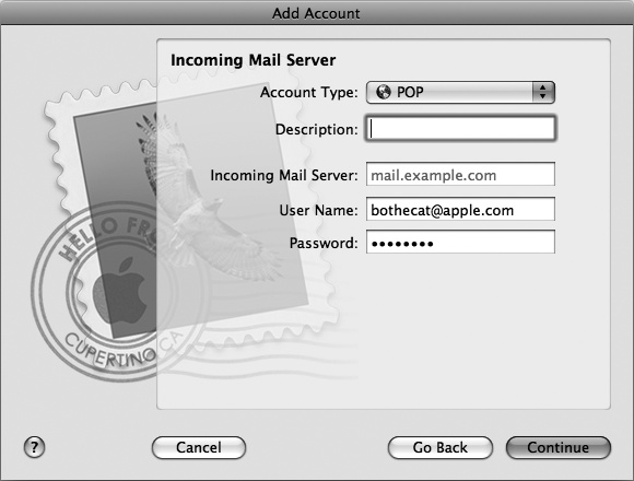 The Incoming Mail Server dialog lets you define the name of the server that stores your email.