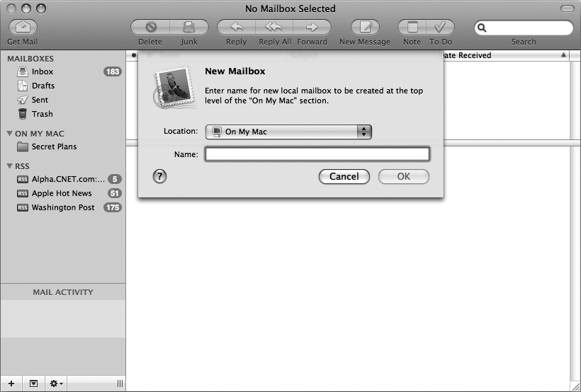 The New Mailbox dialog lets you create a descriptive name for your new mailbox folder.
