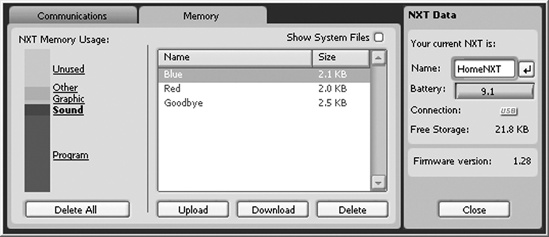 The Memory tab in the NXT window