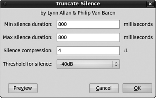 These settings for Truncate Silence look for silent passages longer than 800 ms and then shorten any silence of -40 dB or quieter to 800 ms.