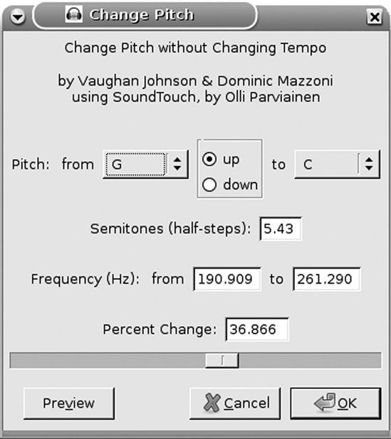 Change Pitch alters the pitch without changing tempo.
