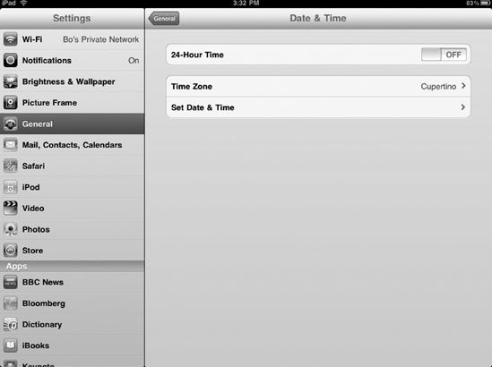The Date & Time settings screen lets you customize how your iPad handles dates and times.